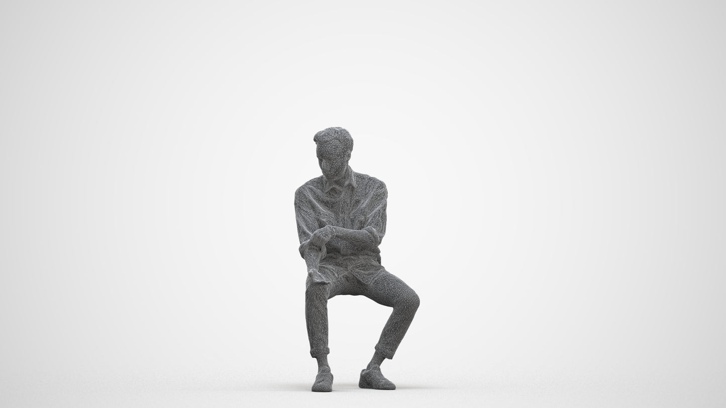 realistic 3D people man casual sitting, render-ready for V-Ray and Corona, FBX OBJ, three-quarter front view render
