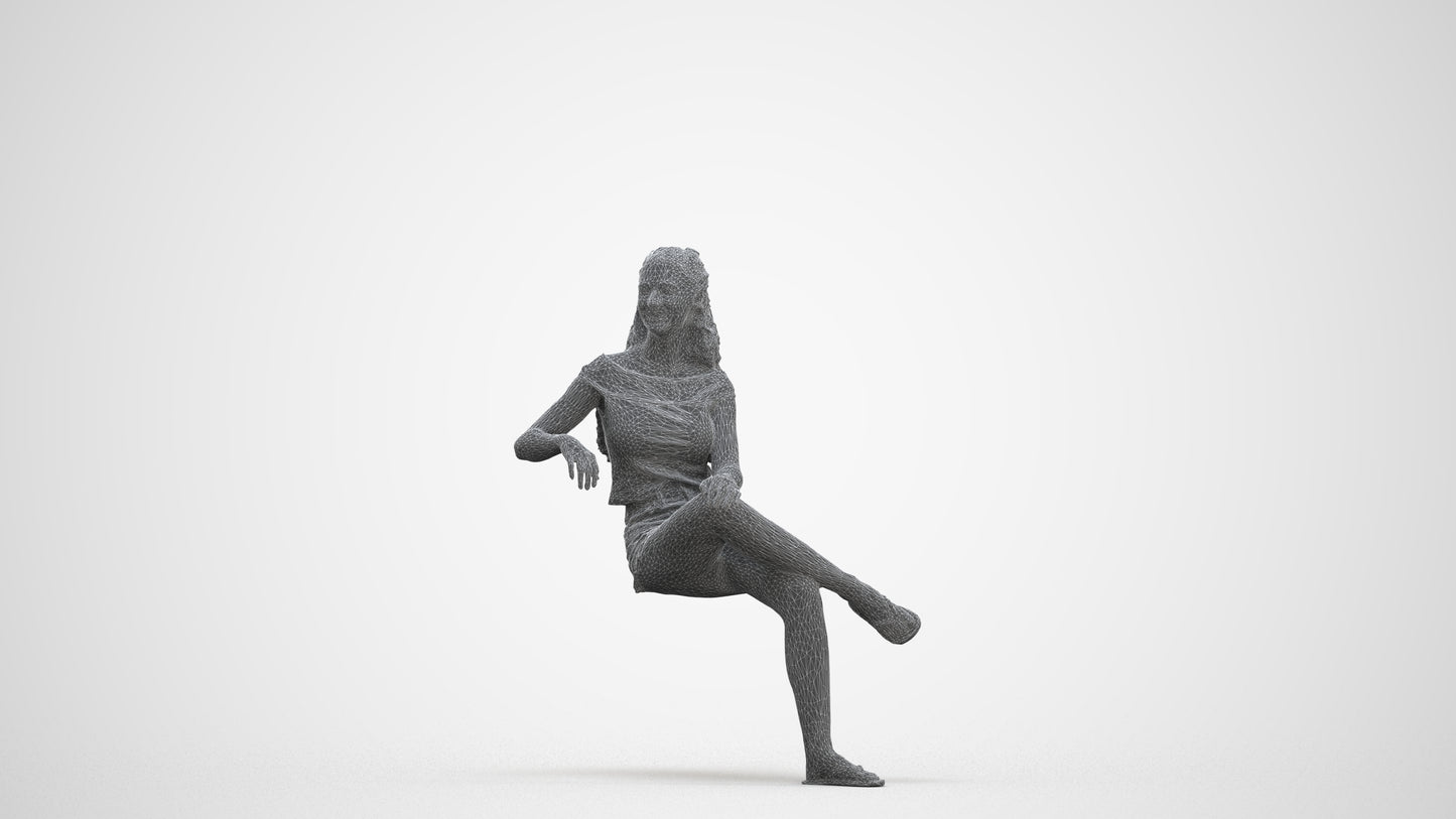 3D people model girl casual sitting, scanned human for 3ds Max rendering, three-quarter front view render
