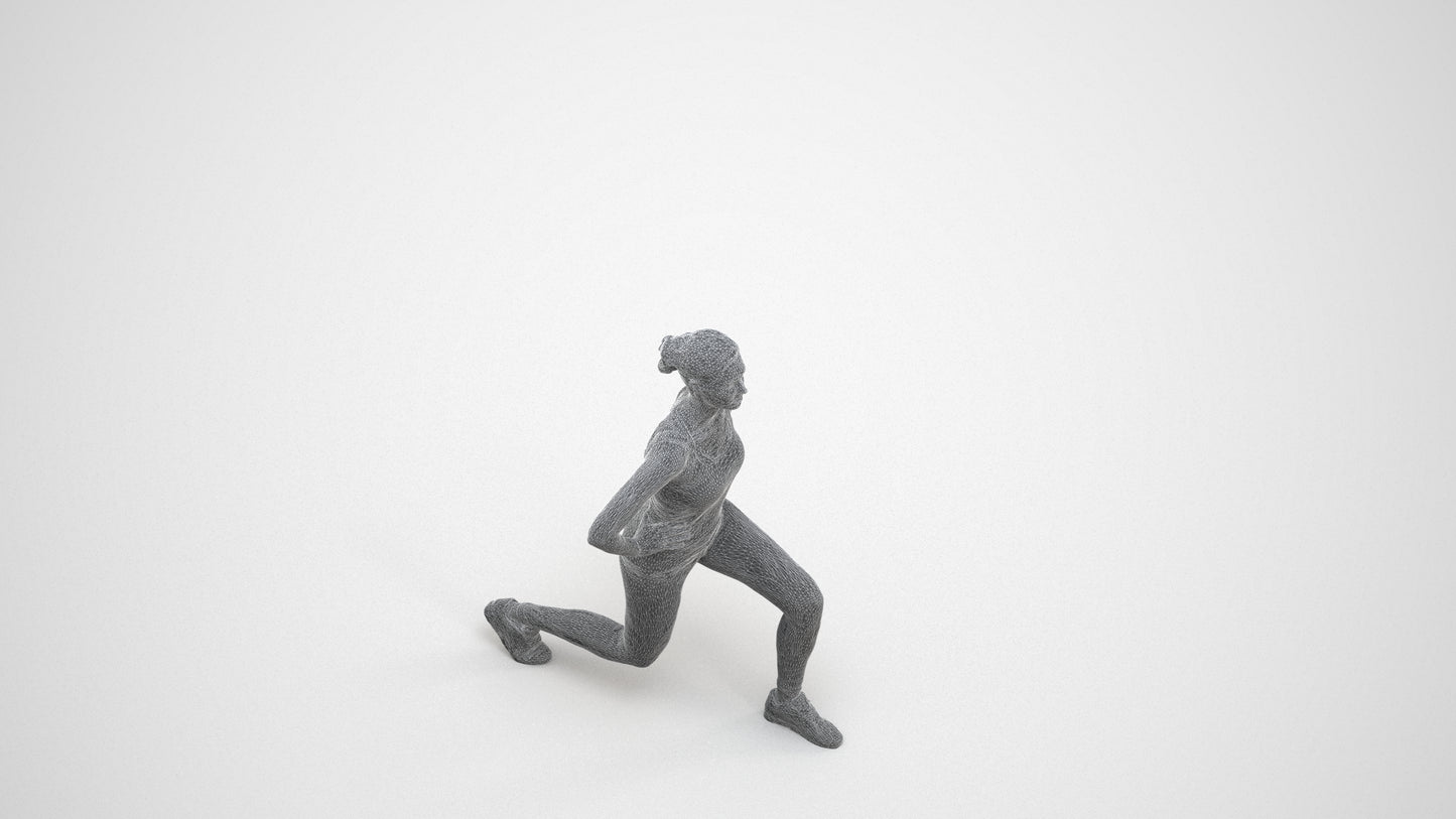3D human model woman sport standing, photogrammetry scanned person for archviz, wireframe three-quarter view