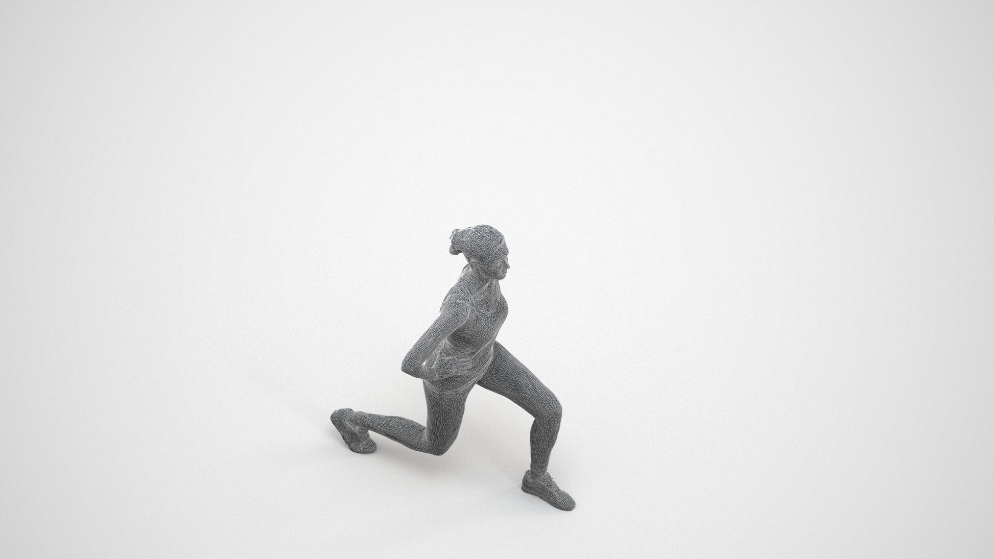3D human model woman sport standing, photogrammetry scanned person for archviz, wireframe three-quarter view