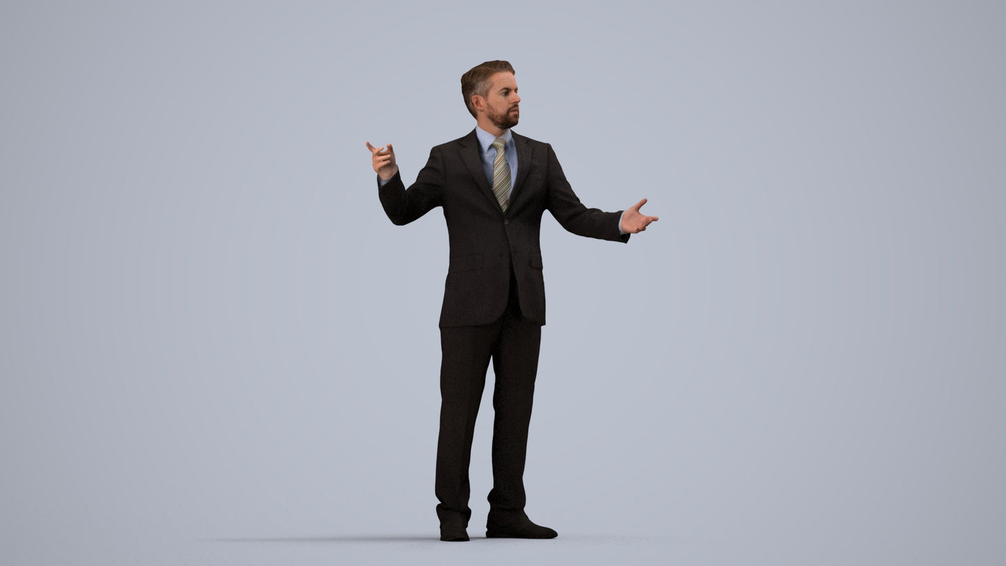 3D human model man business, photogrammetry scanned person for archviz, side view render