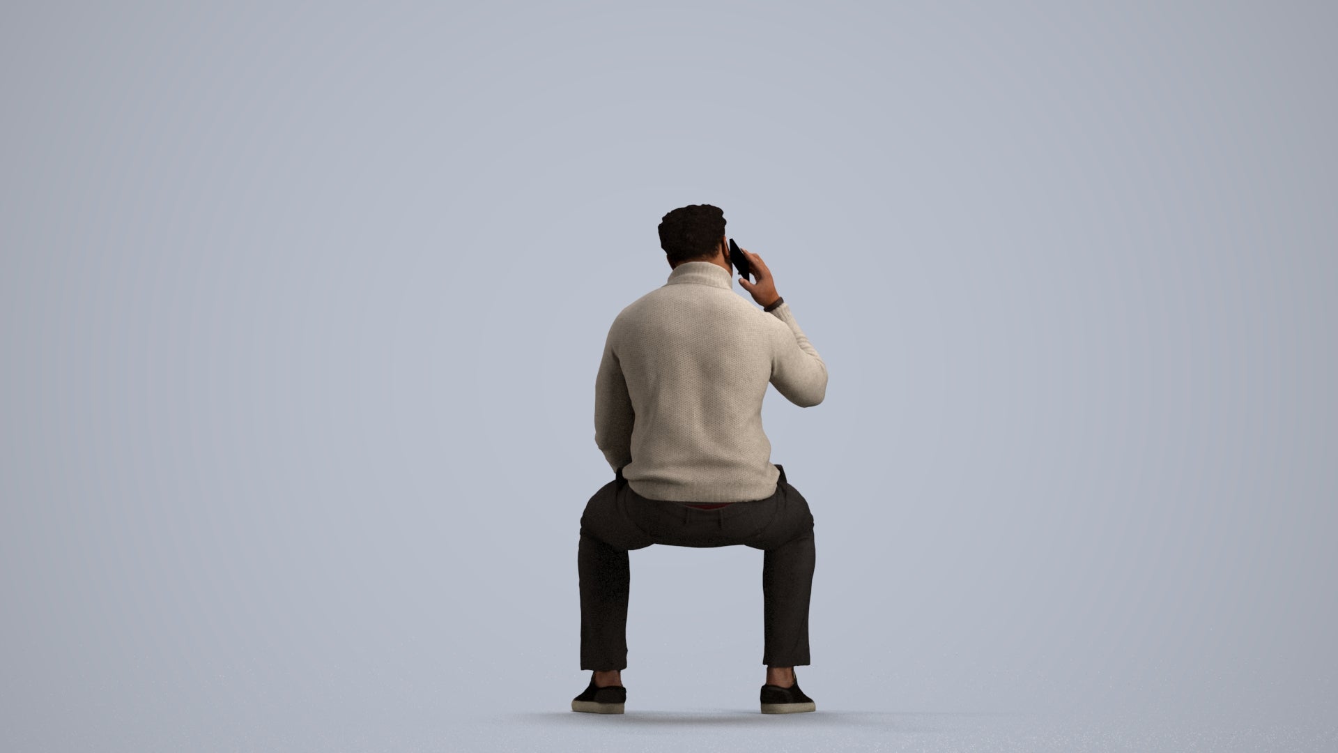 3D human model man casual sitting, photogrammetry scanned person for archviz, front view render