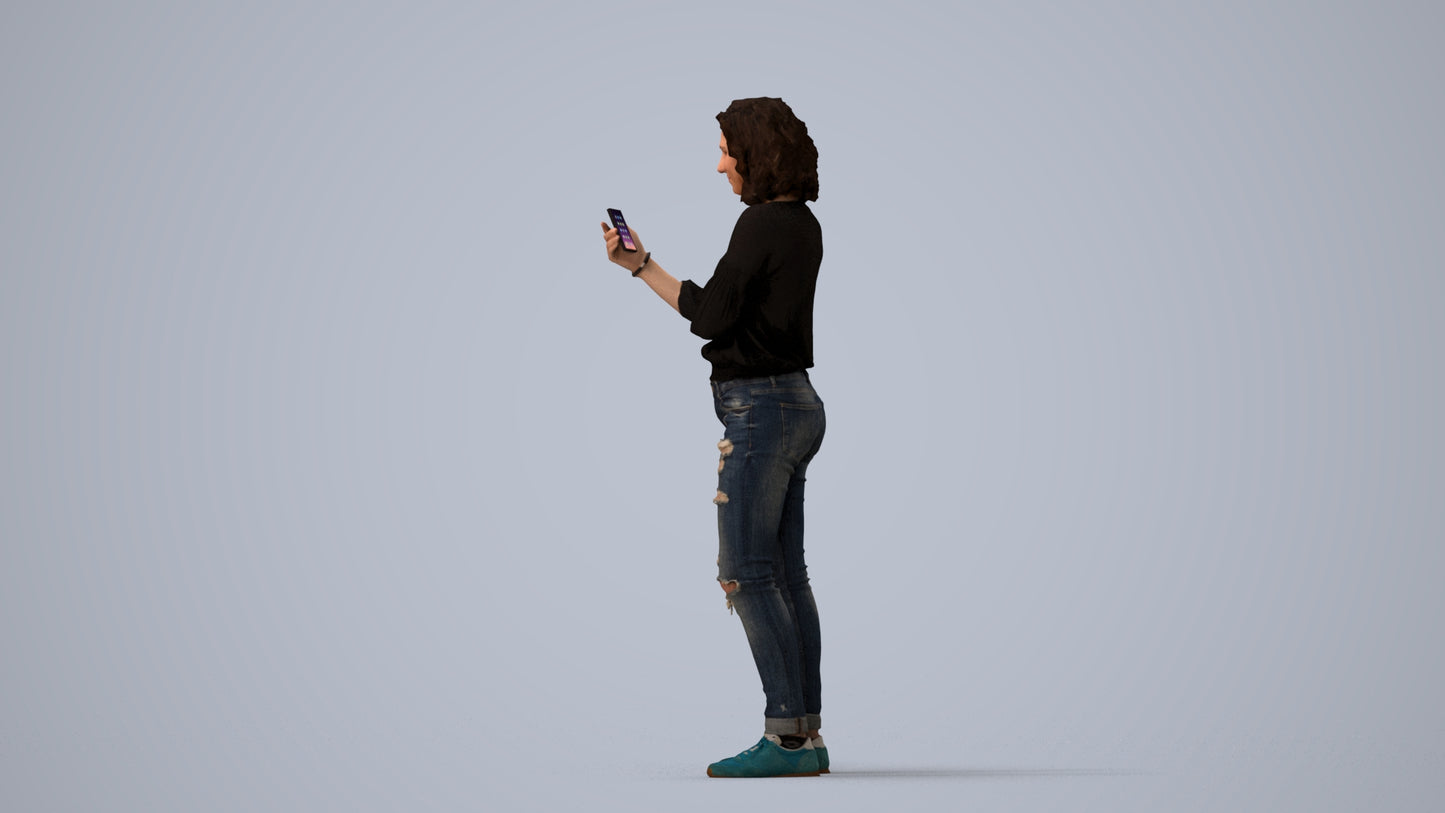 3D human model woman casual standing, photogrammetry scanned person for archviz, three-quarter view render