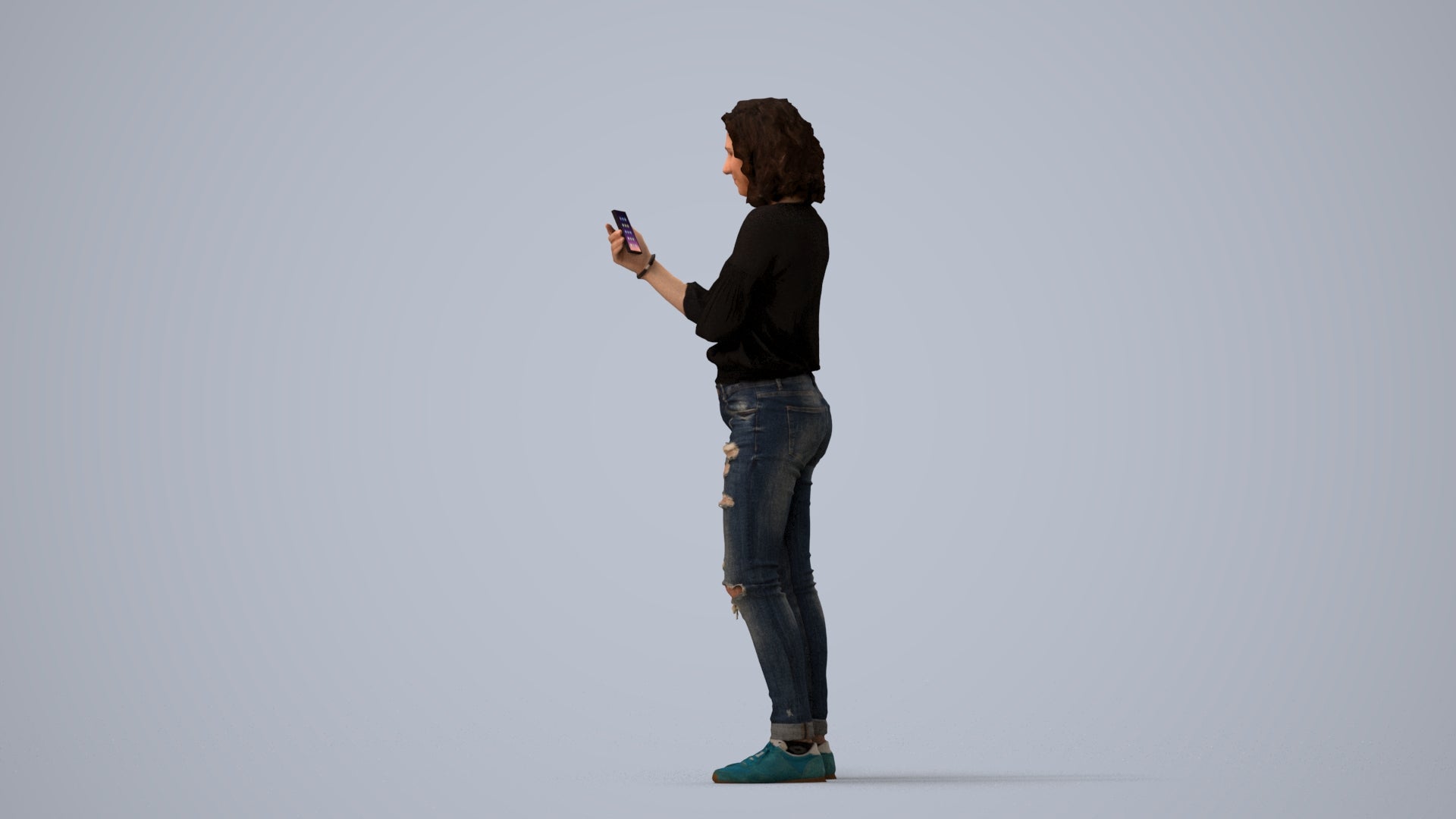3D human model woman casual standing, photogrammetry scanned person for archviz, three-quarter view render