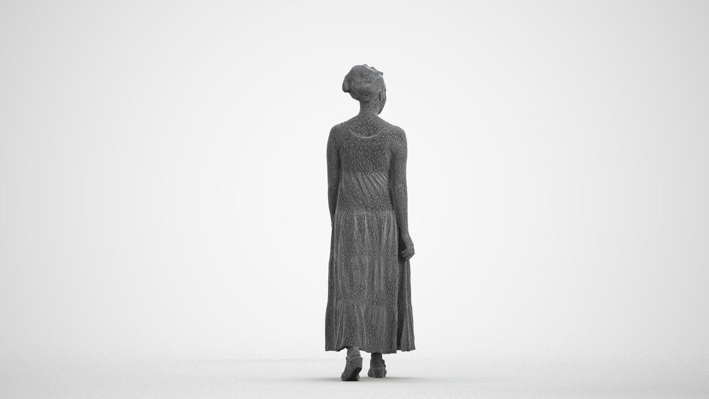 3D scanned woman walking casual, photorealistic archviz people for Enscape and SketchUp, wireframe front view