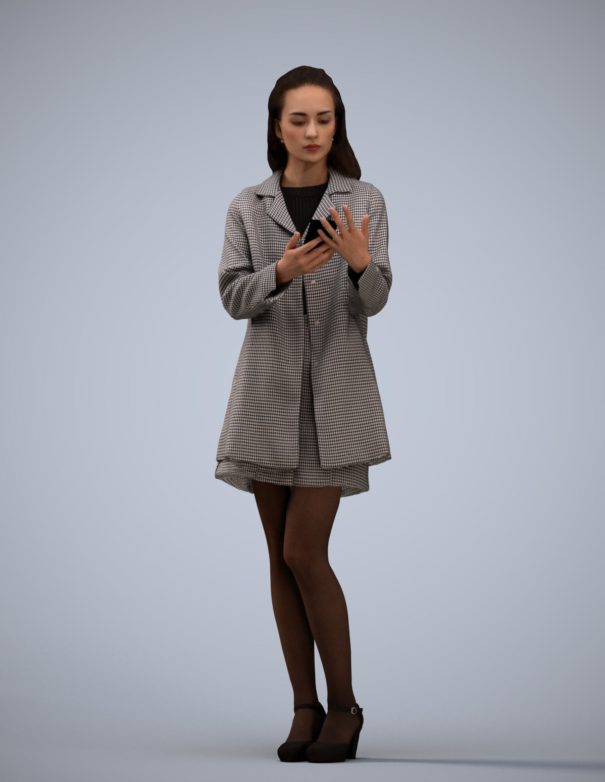 3D human model woman business standing, photogrammetry scanned person for archviz