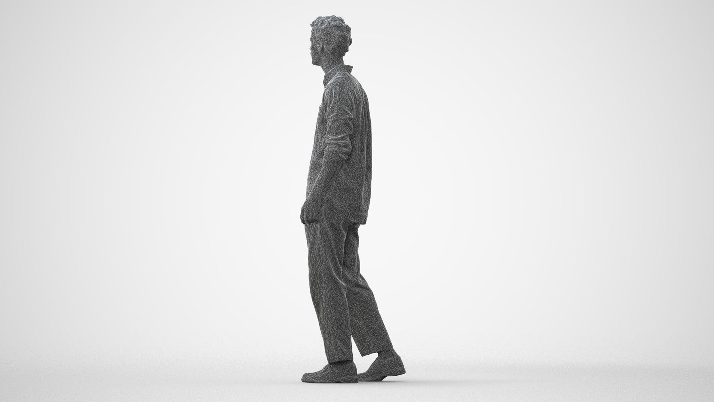 3D human model man casual walking, photogrammetry scanned person for archviz, three-quarter front view render