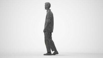 3D human model man casual walking, photogrammetry scanned person for archviz, three-quarter front view render