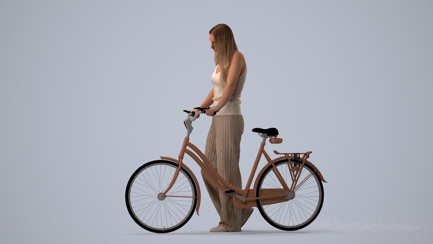 realistic 3D people woman casual cycling, render-ready for V-Ray and Corona, FBX OBJ, three-quarter view render