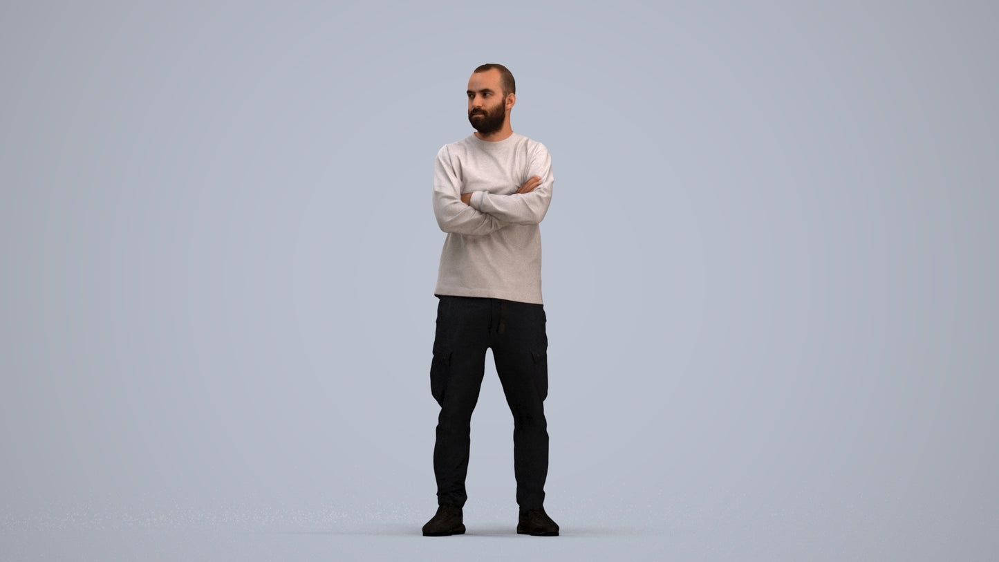 3D human model man casual standing, photogrammetry scanned person for archviz, standing pose render