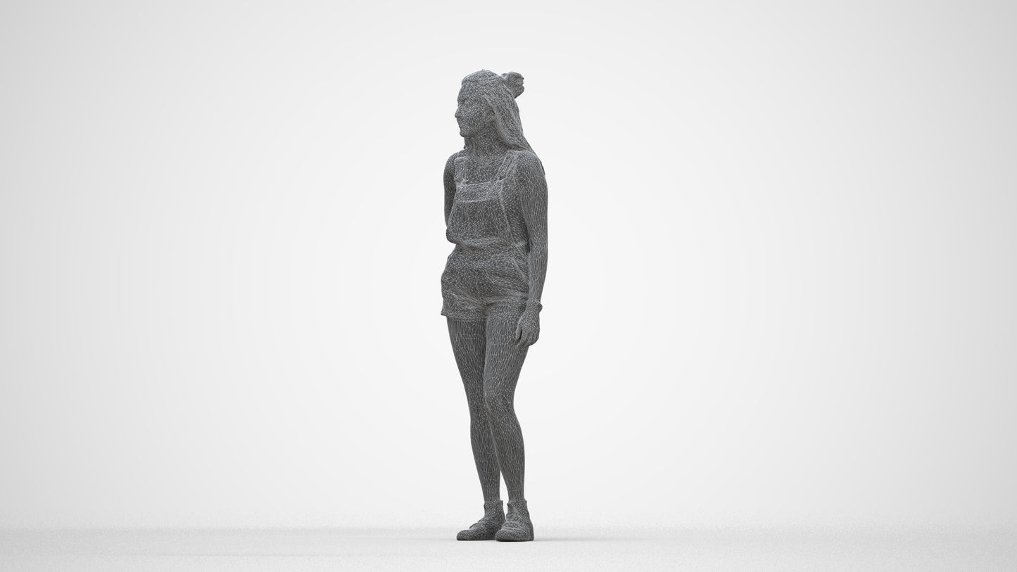 3D human model woman casual standing, photogrammetry scanned person for archviz, wireframe back view