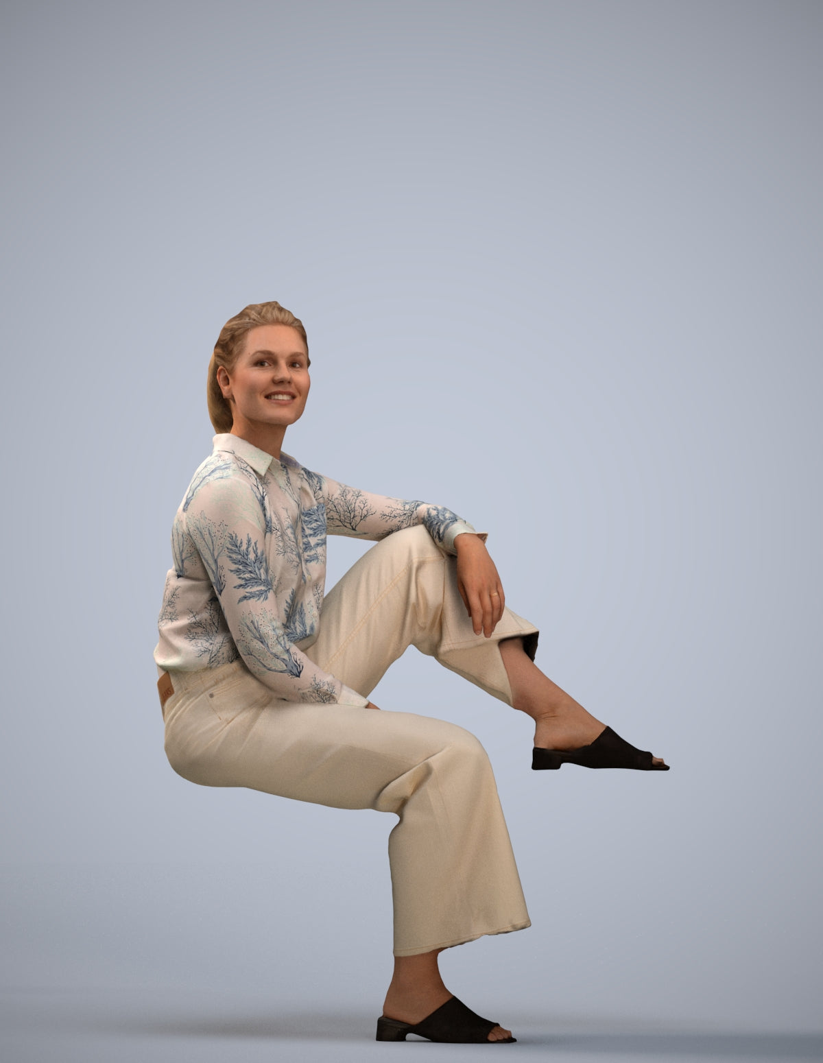 scanned 3D woman casual sitting, photogrammetry people for Enscape and V-Ray