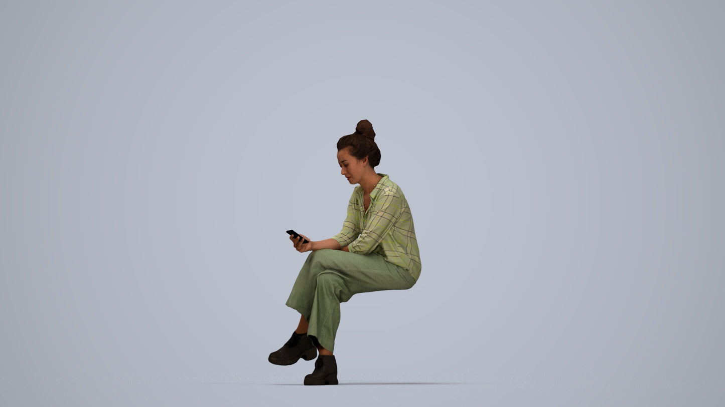 photogrammetry 3D woman casual sitting, realistic human model archviz FBX, top-down view render