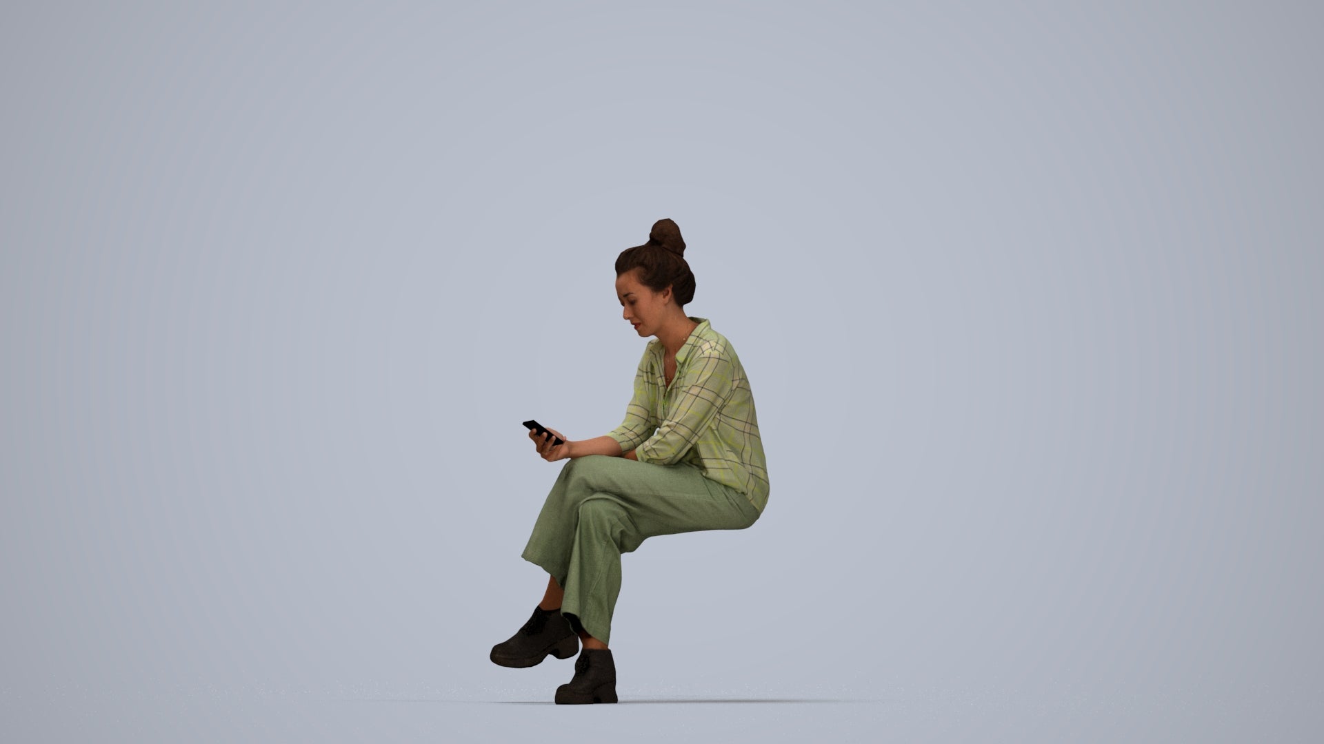photogrammetry 3D woman casual sitting, realistic human model archviz FBX, top-down view render