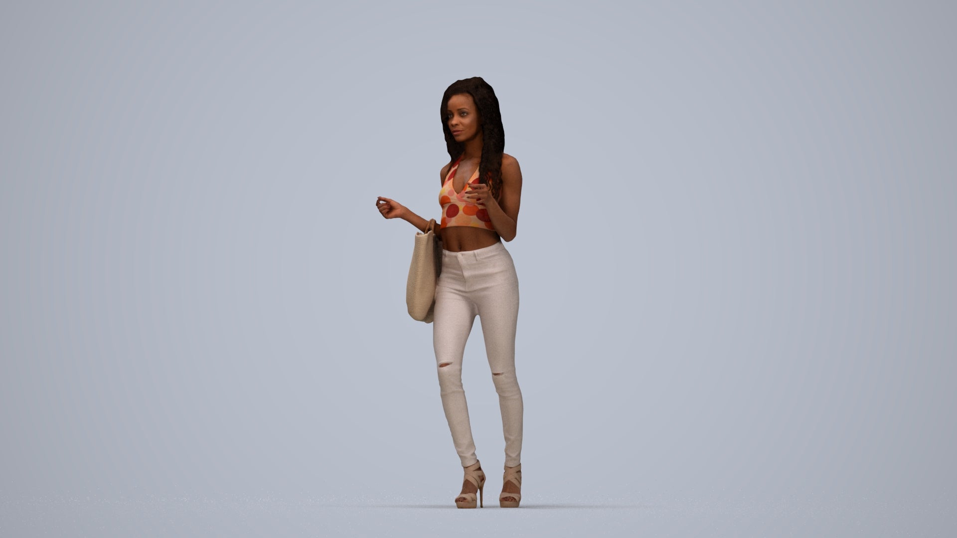 photogrammetry 3D woman casual walking, realistic human model archviz FBX, top-down view render