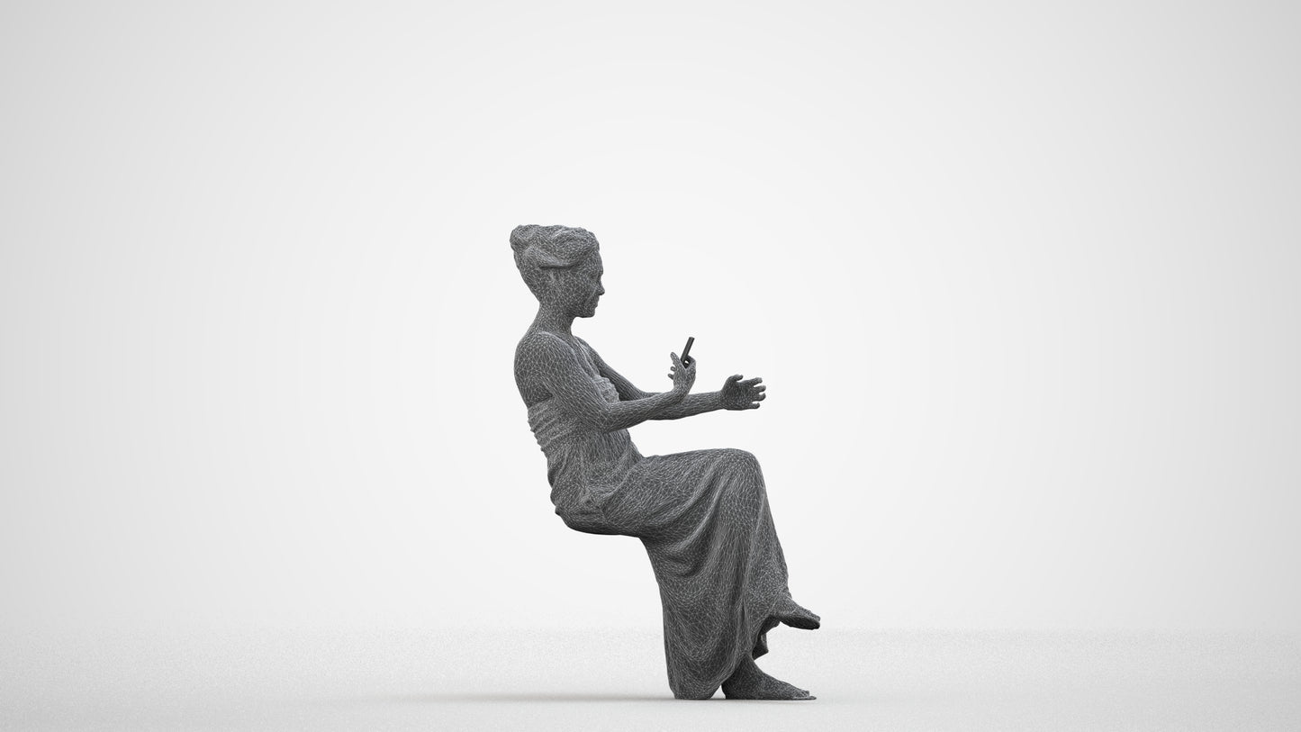realistic 3D human woman casual sitting, archviz people FBX OBJ for Blender, wireframe side view