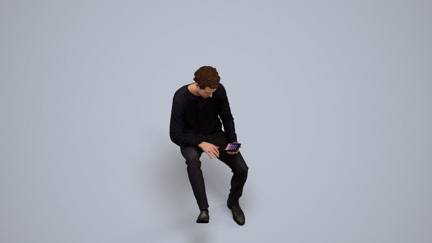 realistic 3D man casual sitting, scanned archviz people for Blender and 3ds Max, back view render