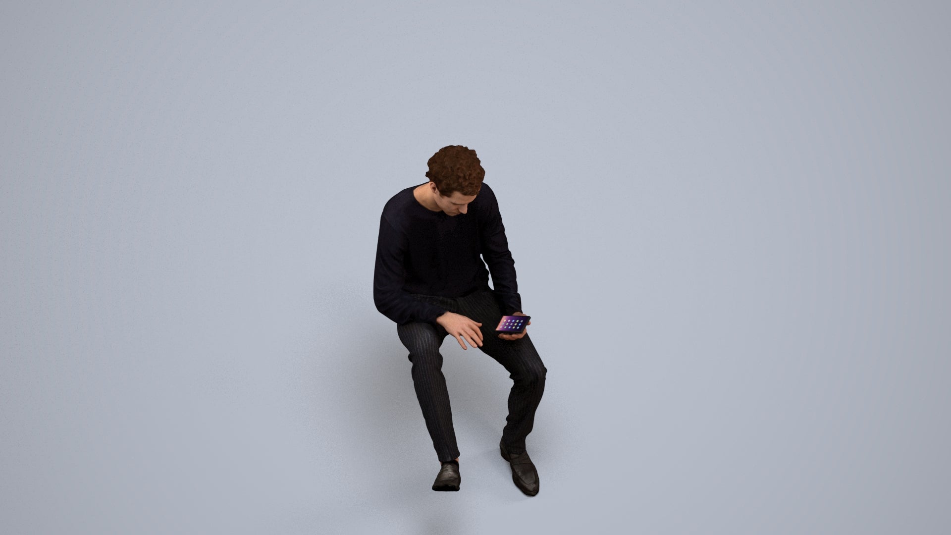 realistic 3D man casual sitting, scanned archviz people for Blender and 3ds Max, back view render