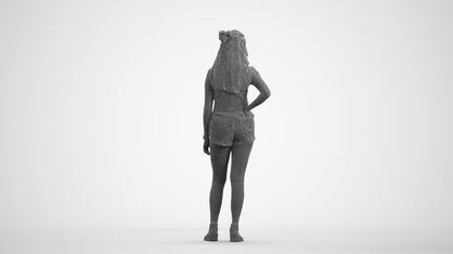 3D human model woman casual standing, photogrammetry scanned person for archviz, wireframe front view