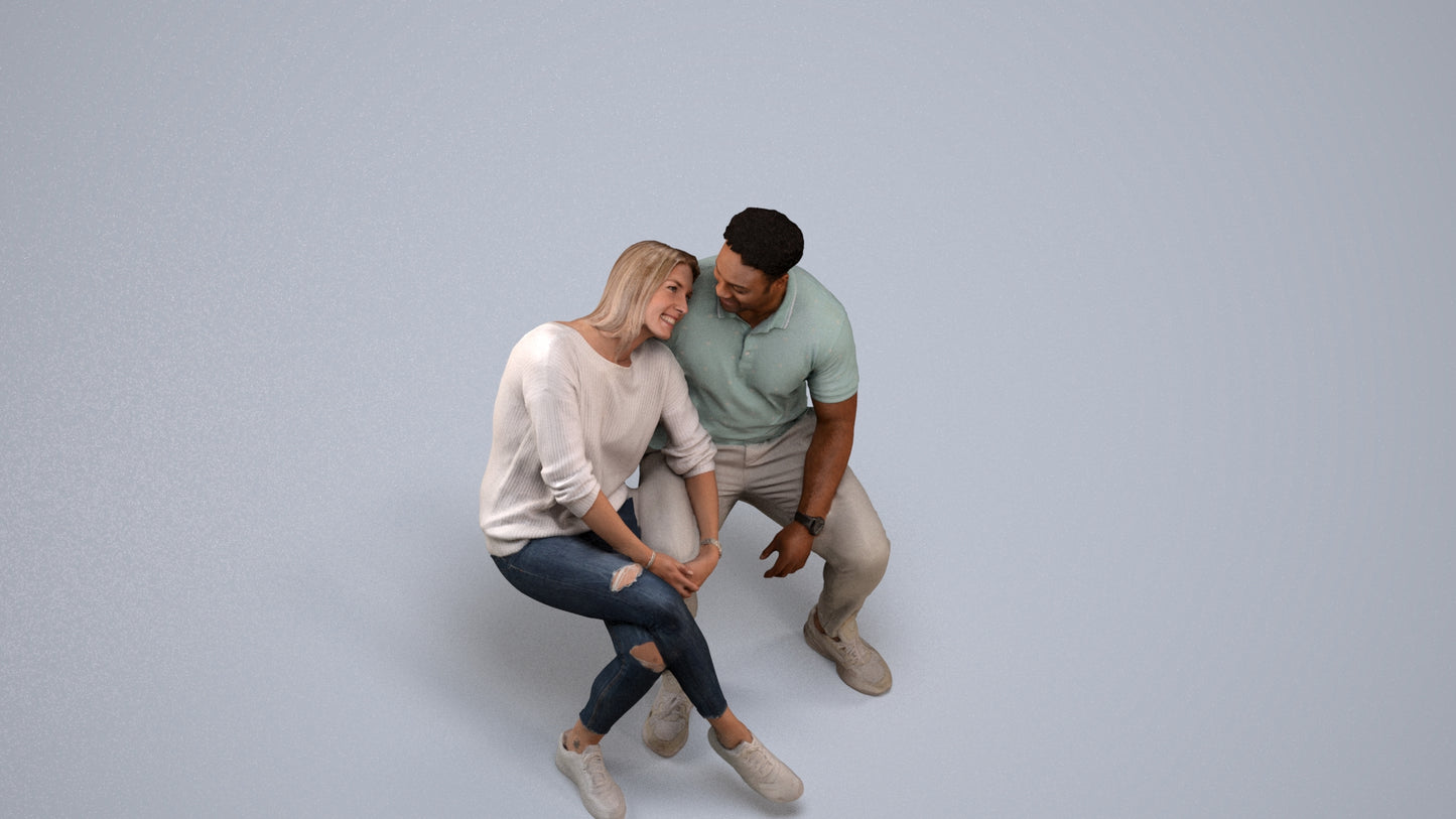 realistic 3D human woman casual couple, archviz people FBX OBJ for Blender, back view render