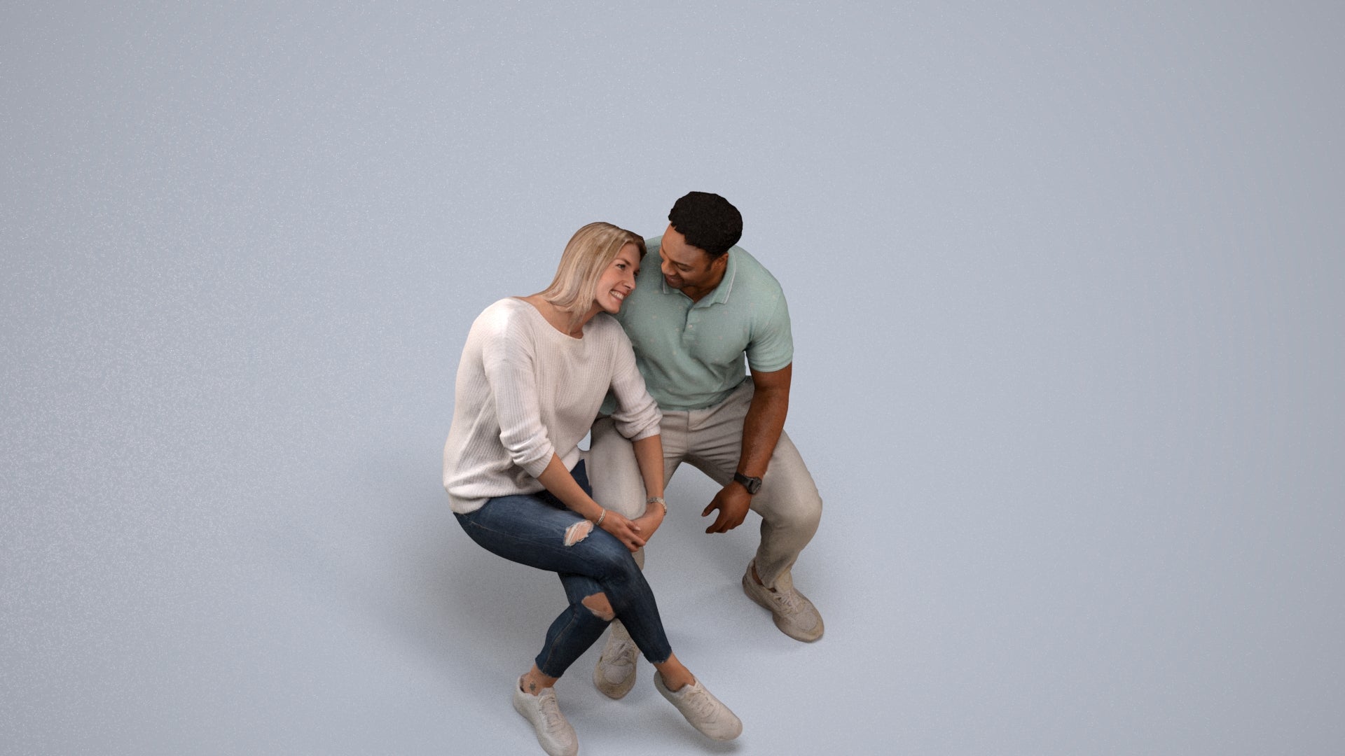 realistic 3D human woman casual couple, archviz people FBX OBJ for Blender, back view render