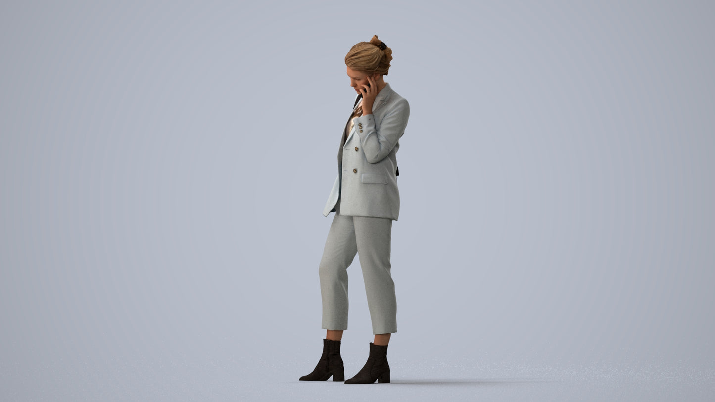 3D human model woman business standing, photogrammetry scanned person for archviz, three-quarter view render