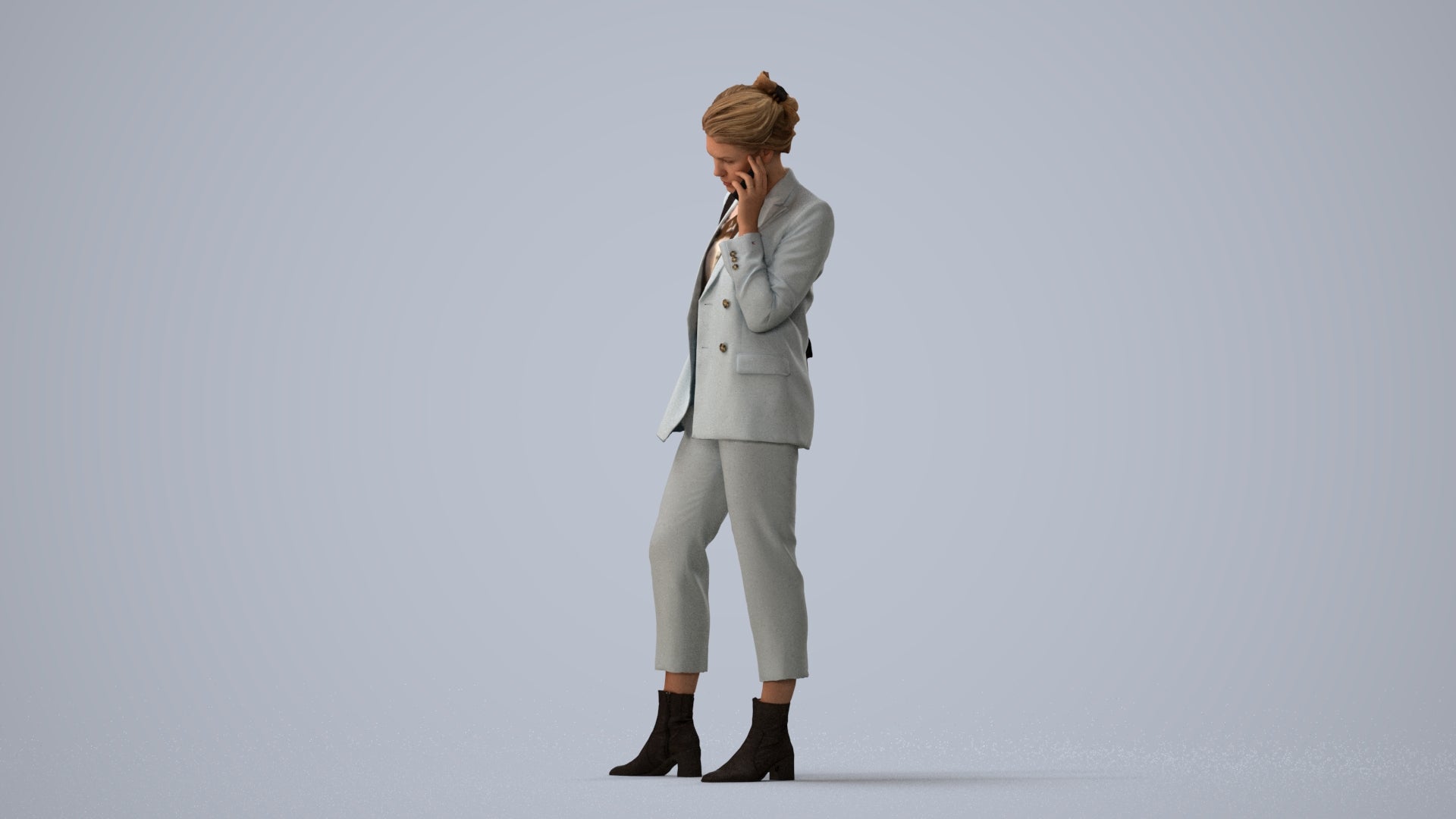 3D human model woman business standing, photogrammetry scanned person for archviz, three-quarter view render