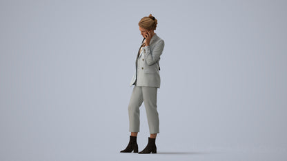 3D human model woman business standing, photogrammetry scanned person for archviz, three-quarter view render