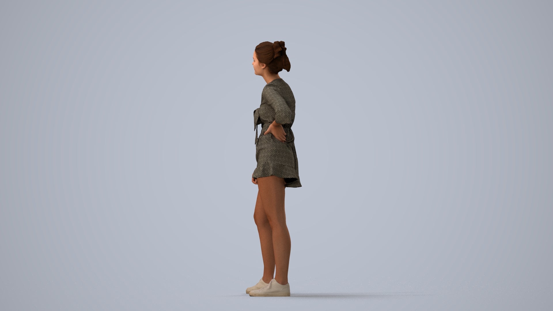 3D human model girl casual kids, photogrammetry scanned person for archviz, three-quarter view render