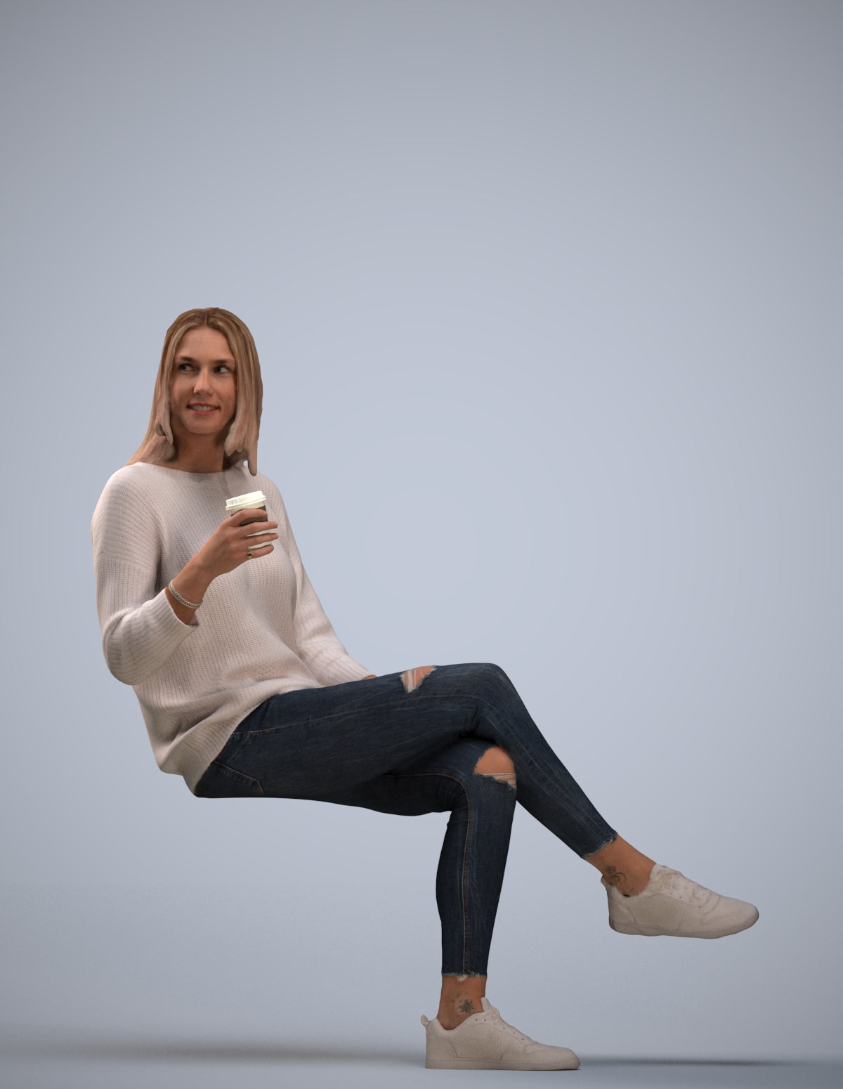3D scanned woman sitting casual, photorealistic archviz people for Enscape and SketchUp
