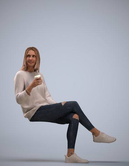 3D scanned woman sitting casual, photorealistic archviz people for Enscape and SketchUp