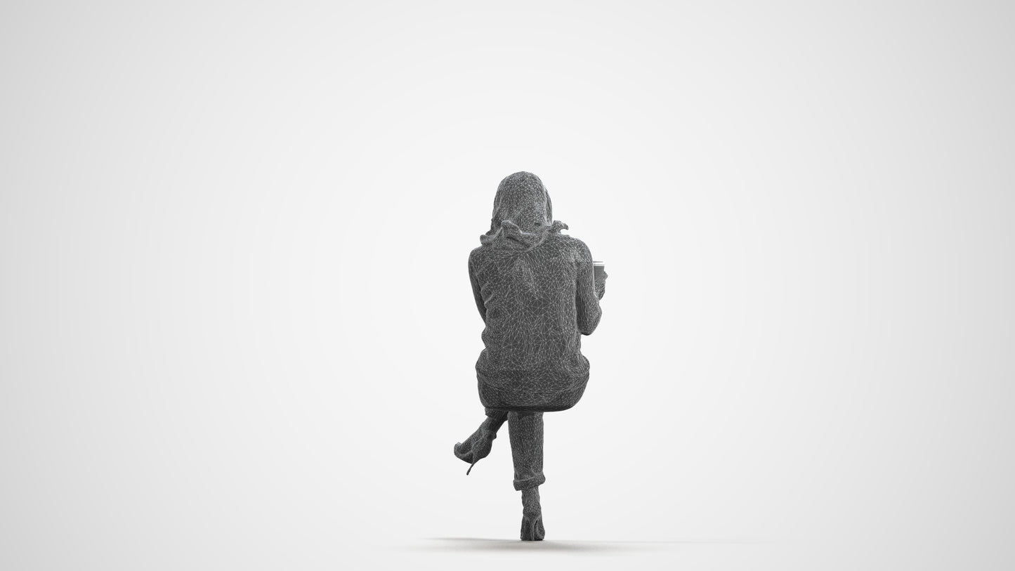 scanned 3D woman casual sitting, photogrammetry people for Enscape and V-Ray, wireframe front view