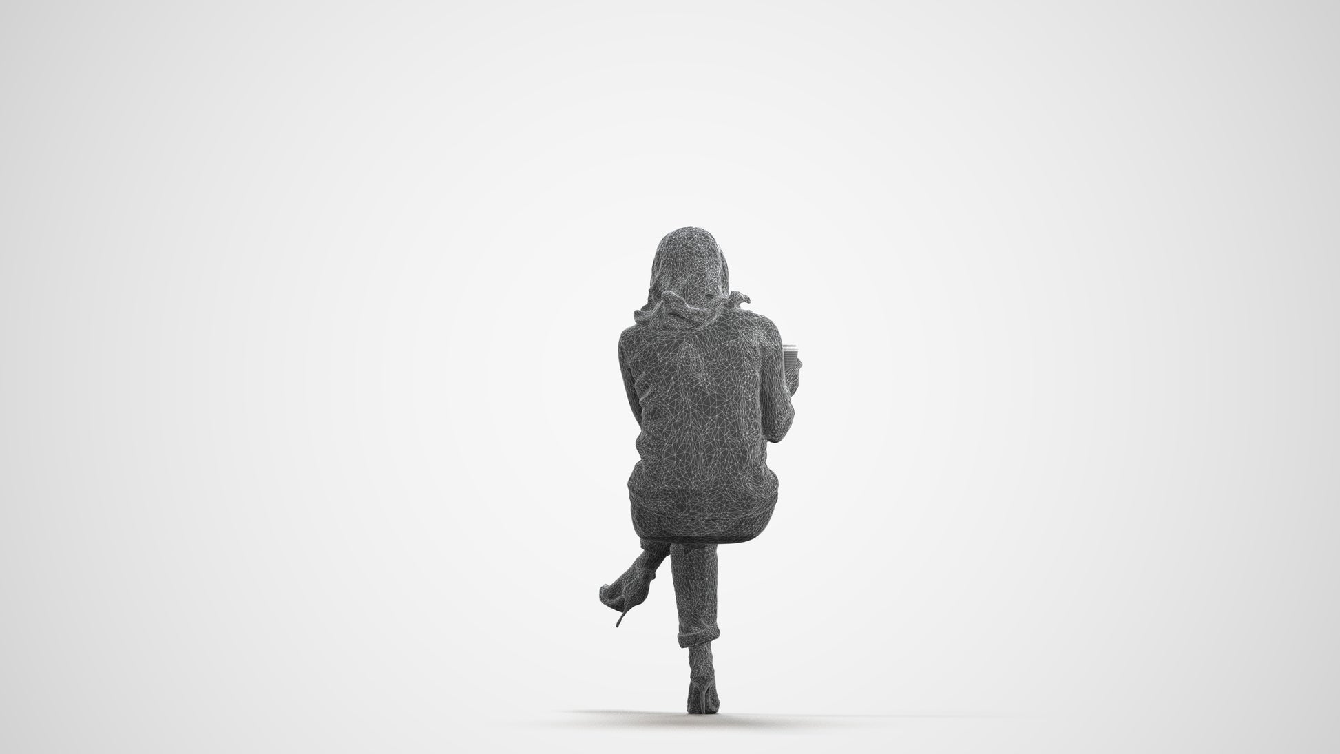 scanned 3D woman casual sitting, photogrammetry people for Enscape and V-Ray, wireframe front view