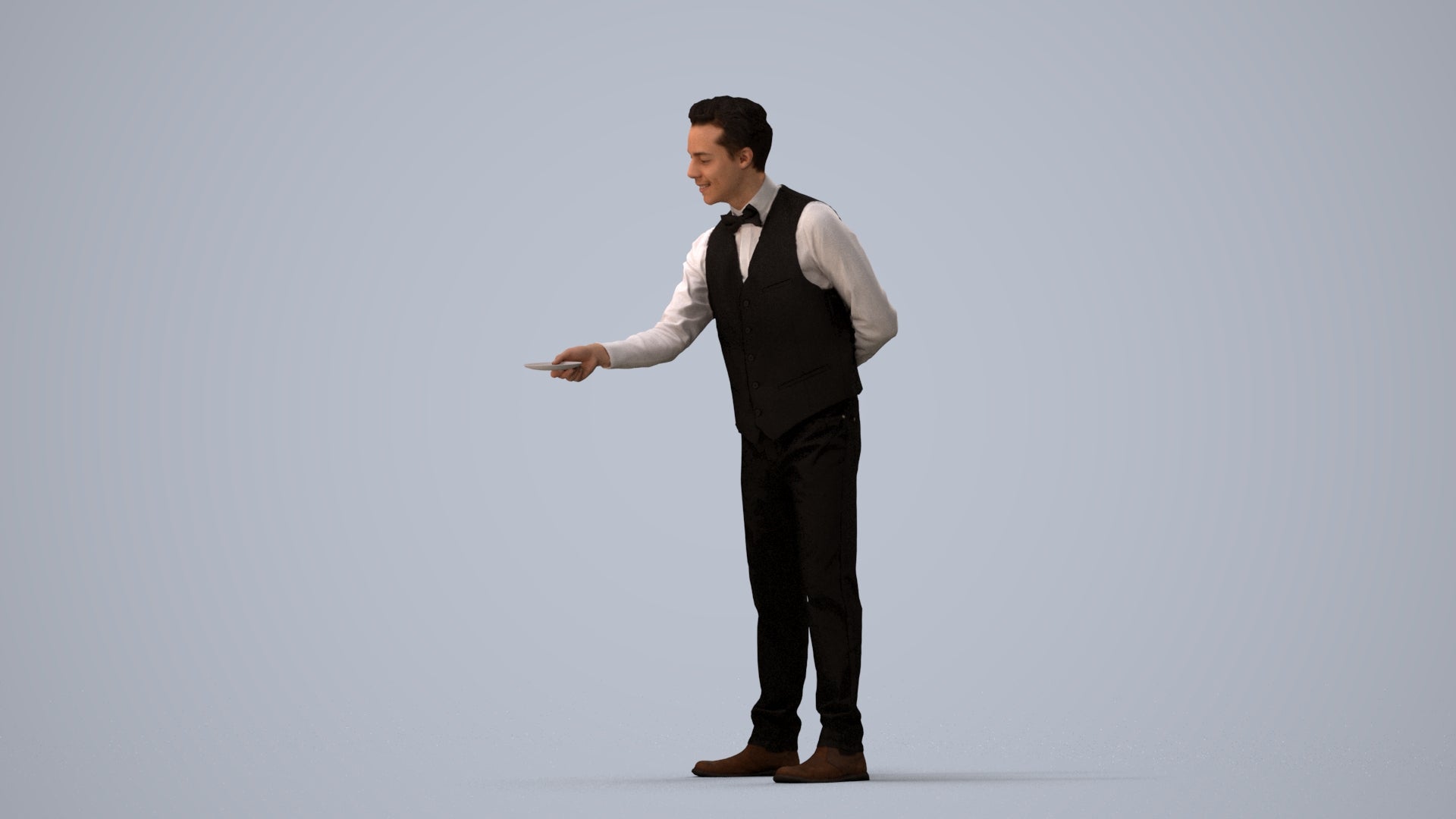 3D people model man hospitality, scanned human for 3ds Max rendering, three-quarter view render