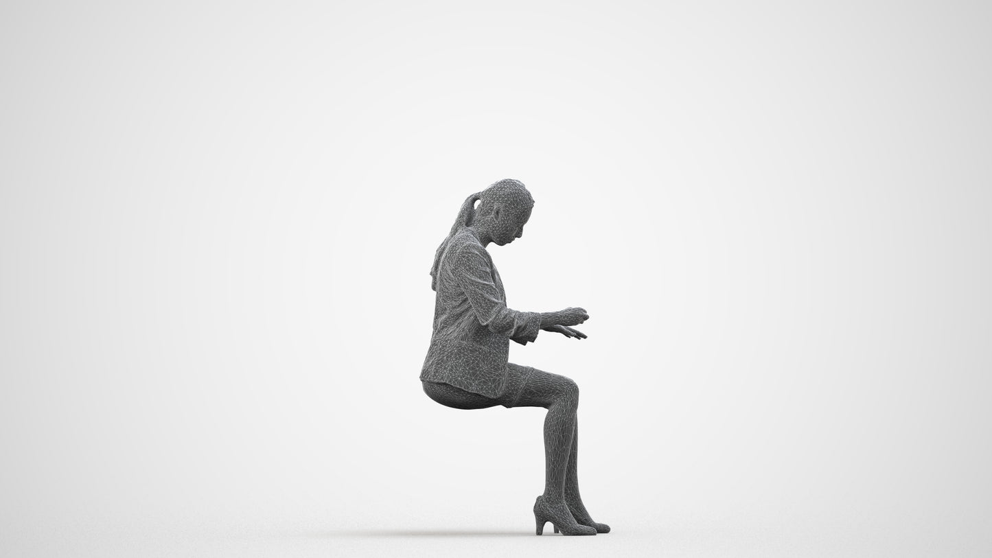 3D human model woman business, photogrammetry scanned person for archviz, wireframe side view