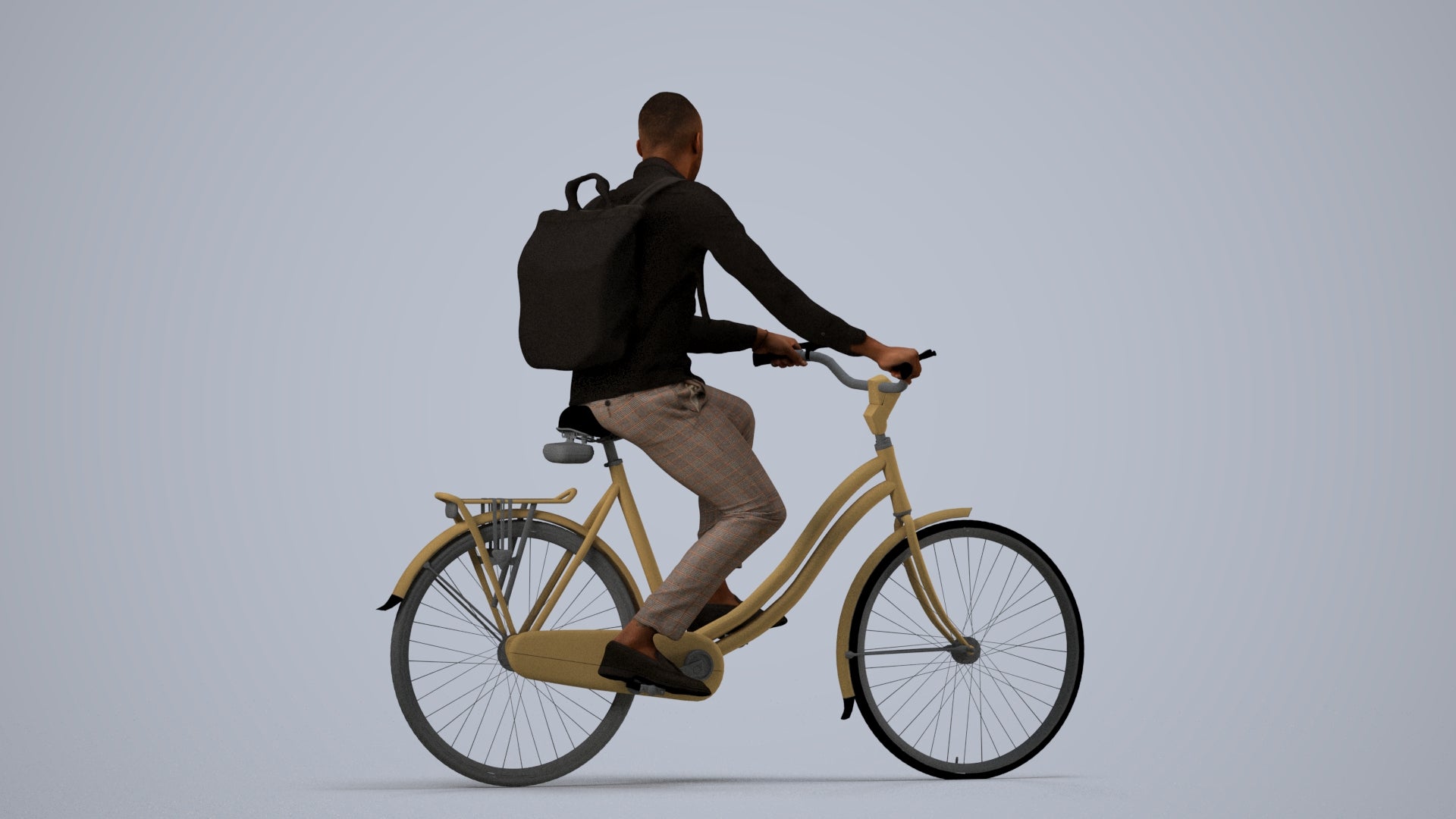 photogrammetry 3D man business cycling, realistic human model archviz FBX, side view render