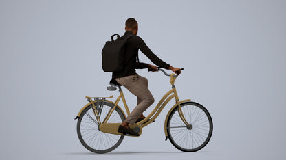 photogrammetry 3D man business cycling, realistic human model archviz FBX, side view render