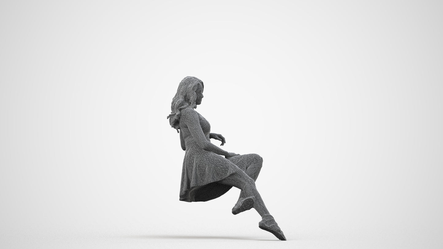 photogrammetry 3D woman sitting, realistic human model archviz FBX, wireframe side view
