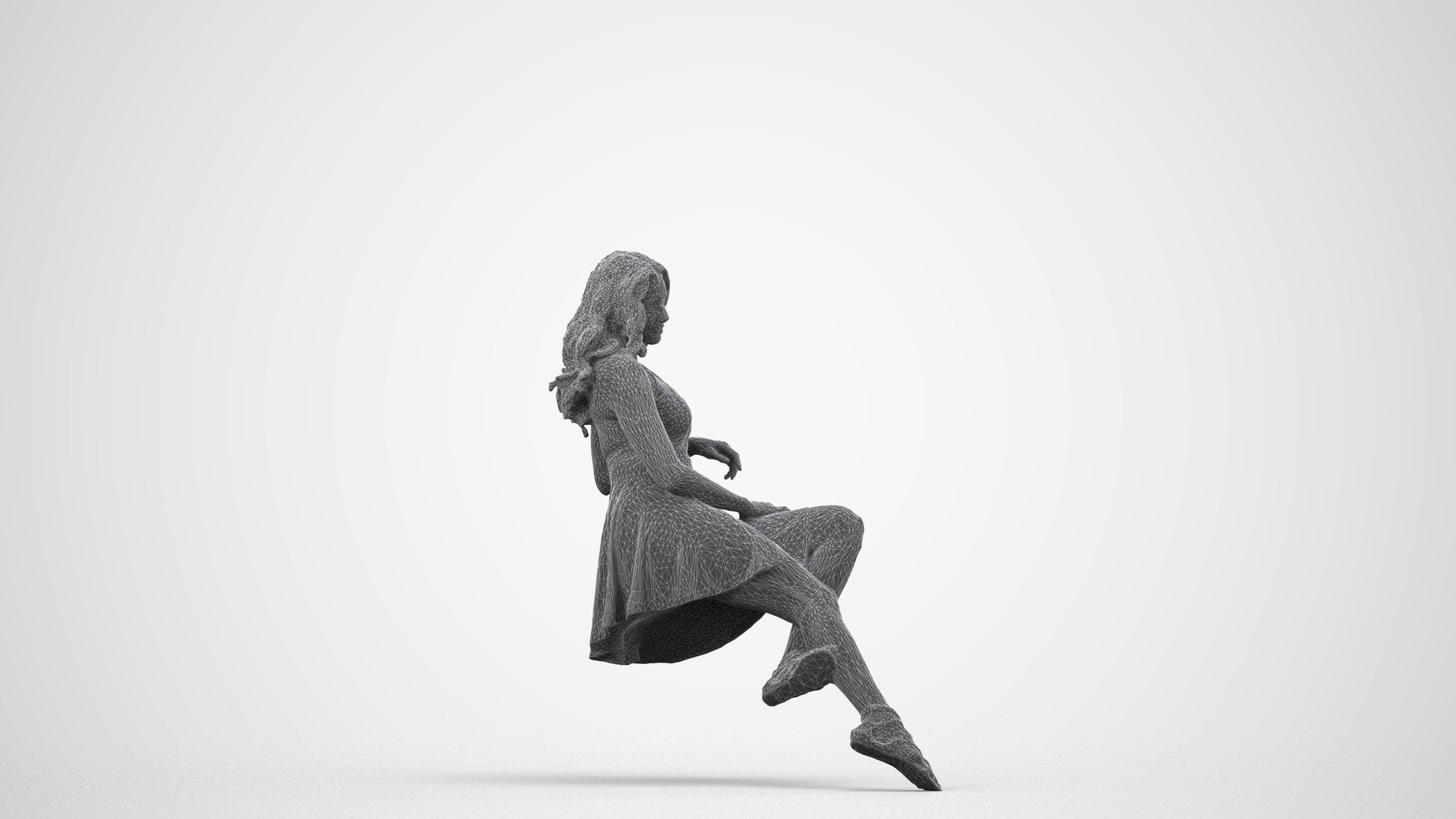 photogrammetry 3D woman sitting, realistic human model archviz FBX, wireframe side view