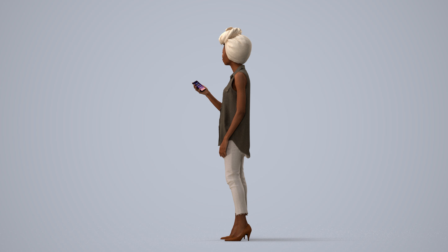 3D scanned woman standing casual, photorealistic archviz people for Enscape and SketchUp, three-quarter view render
