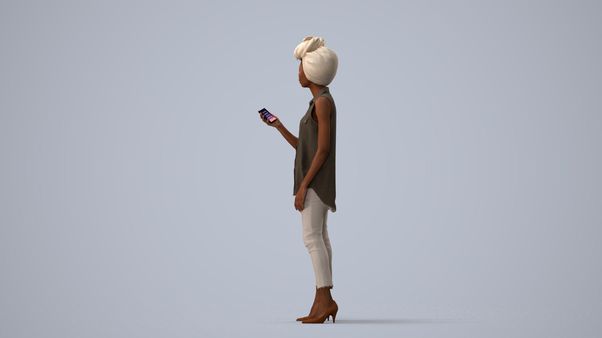 3D scanned woman standing casual, photorealistic archviz people for Enscape and SketchUp, three-quarter view render