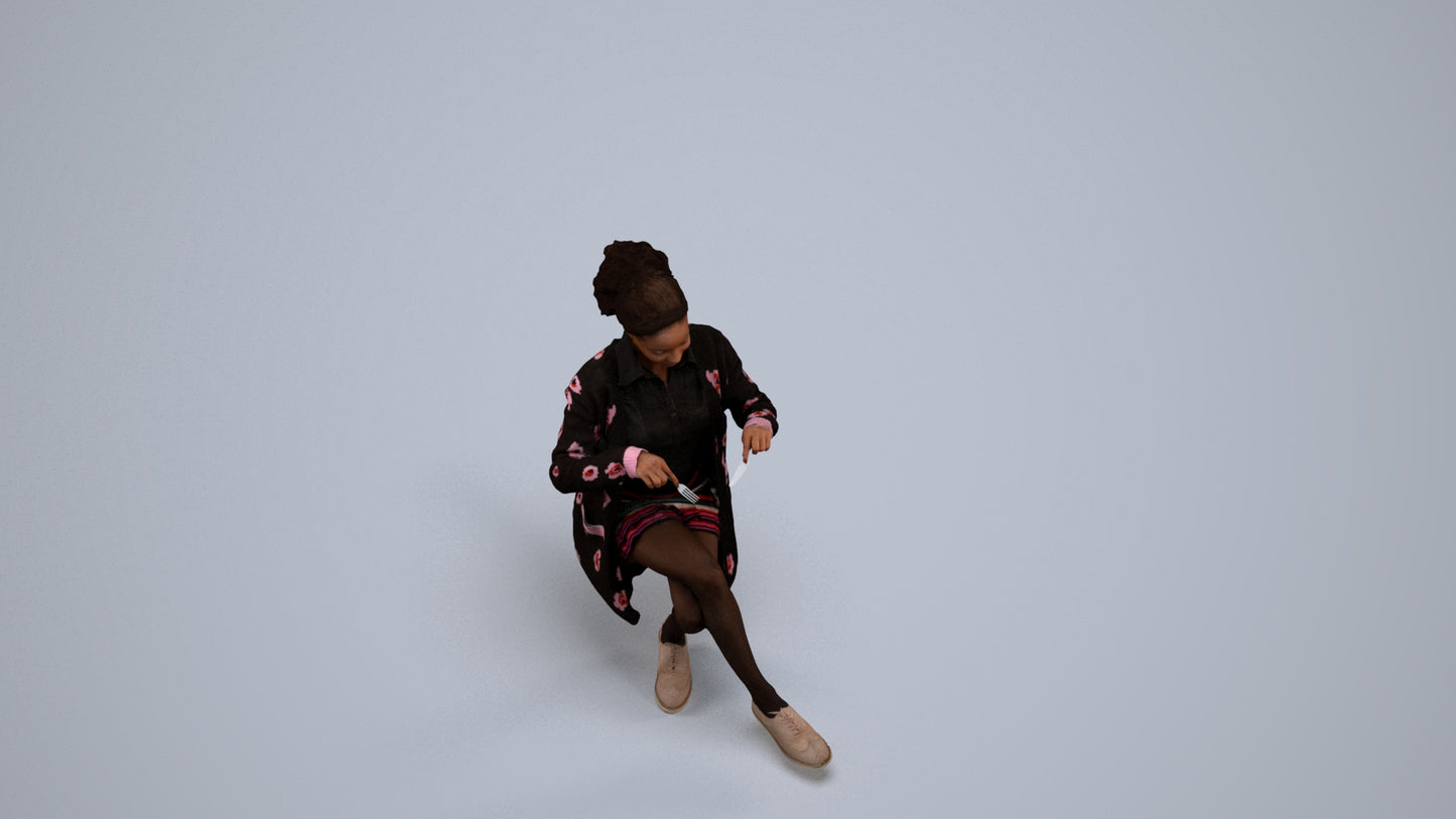 photogrammetry 3D woman casual sitting, realistic human model archviz FBX, back view render