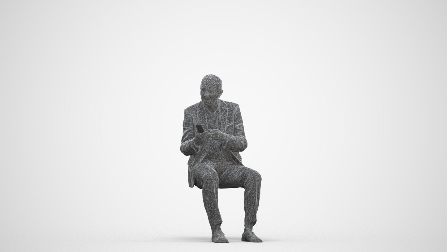 realistic 3D senior man business sitting, scanned archviz people for Blender and 3ds Max, three-quarter front view render