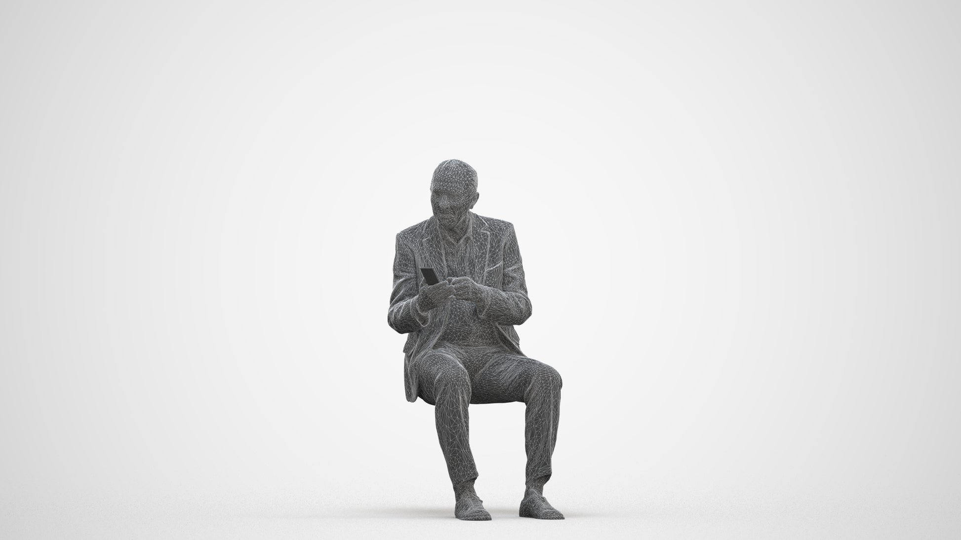 realistic 3D senior man business sitting, scanned archviz people for Blender and 3ds Max, three-quarter front view render