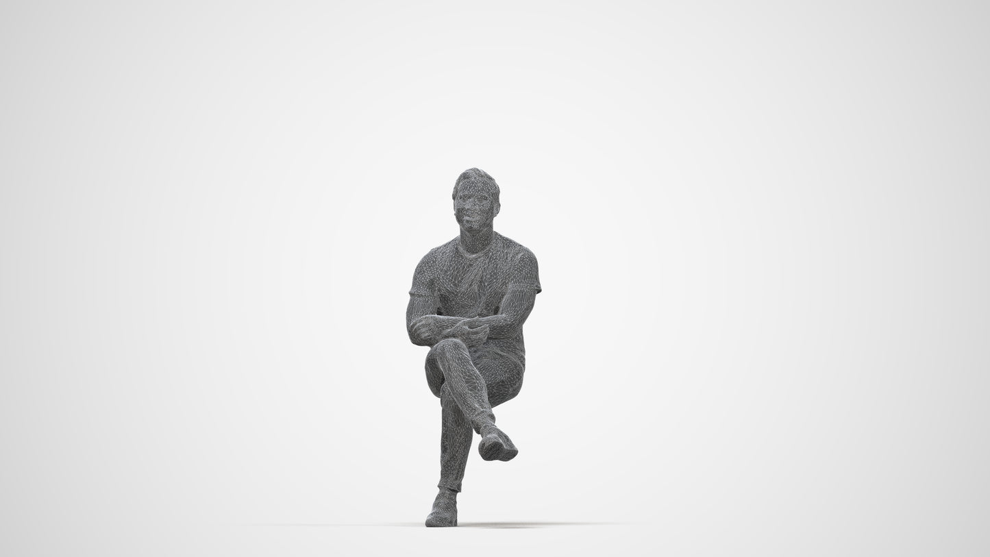 realistic 3D people man casual sitting, render-ready for V-Ray and Corona, FBX OBJ, wireframe back view