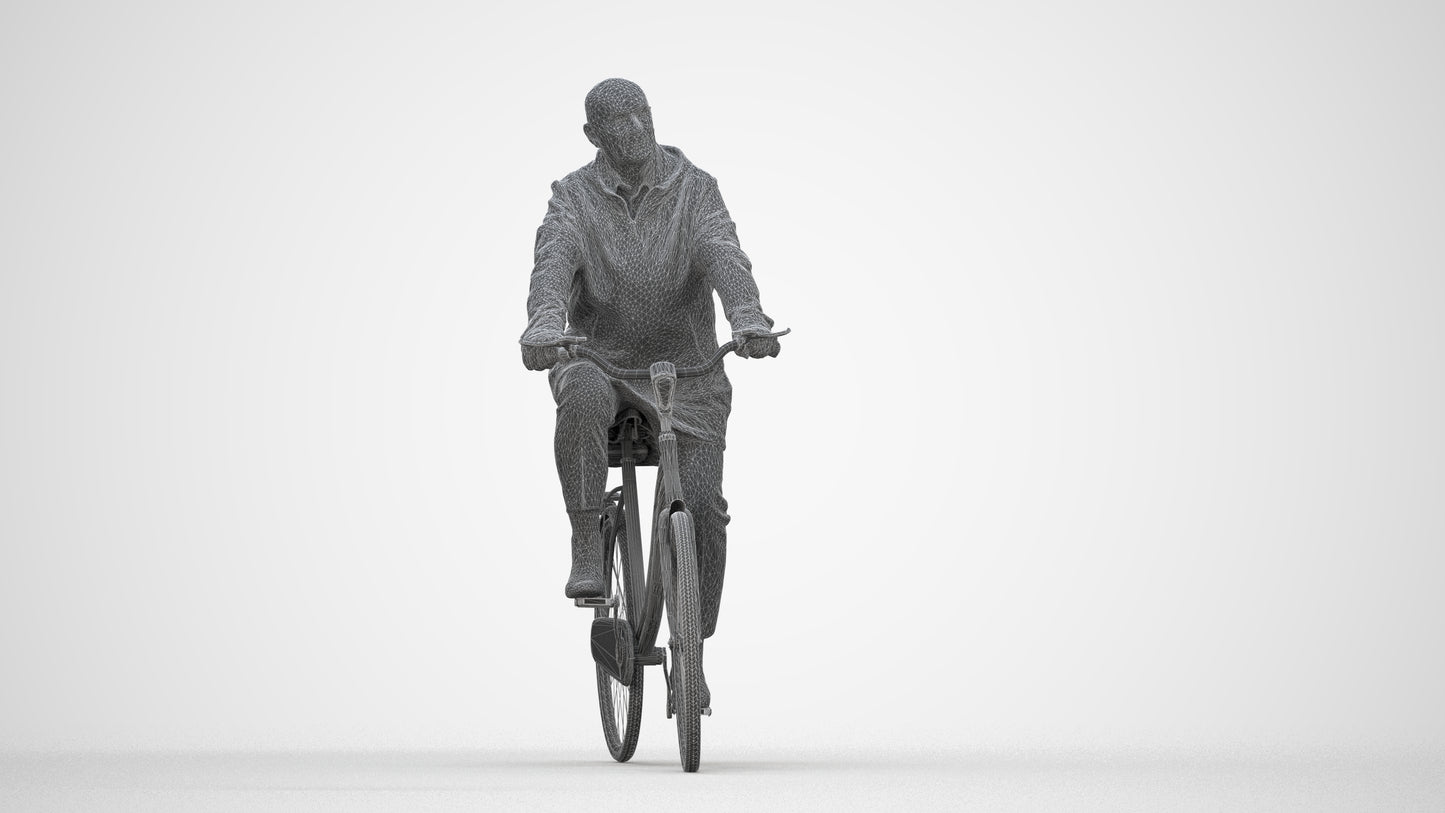 realistic 3D human senior man business cycling, archviz people FBX OBJ for Blender, wireframe back view