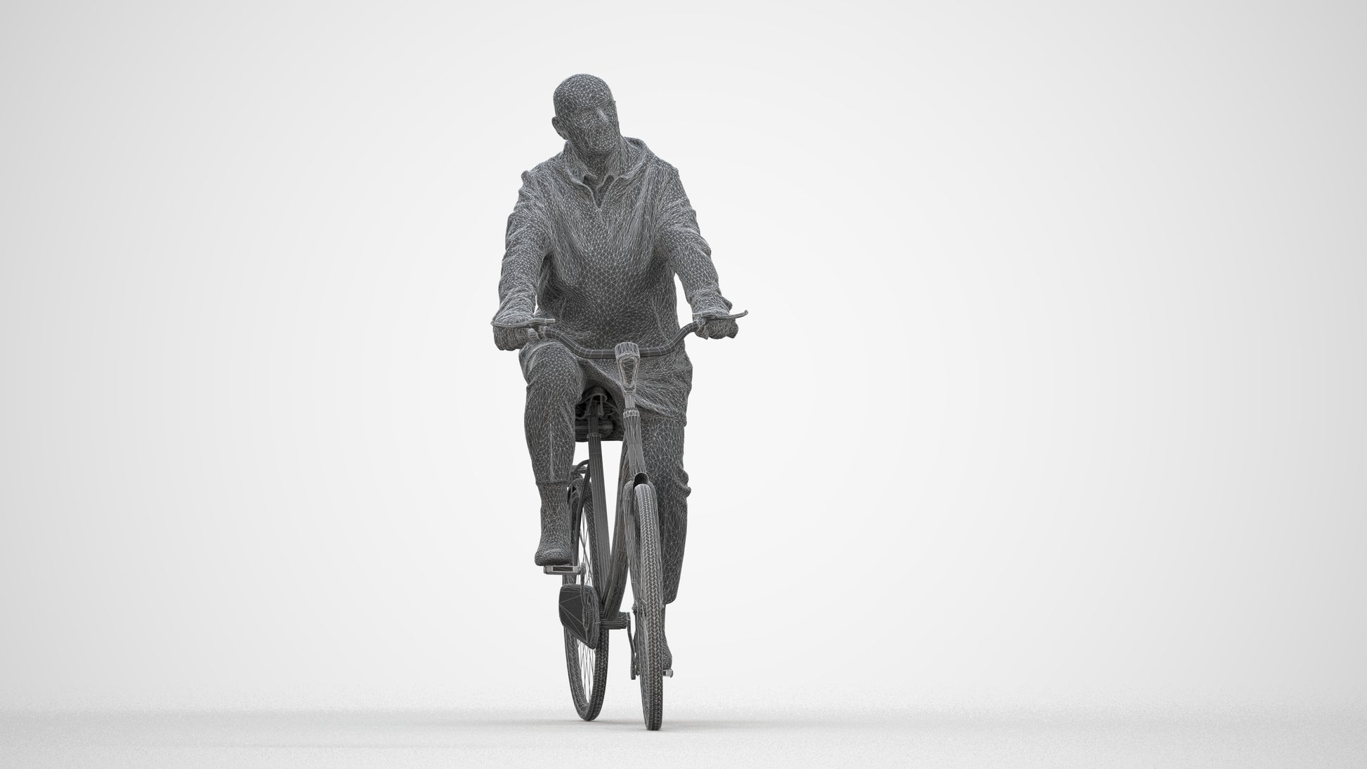 realistic 3D human senior man business cycling, archviz people FBX OBJ for Blender, wireframe back view