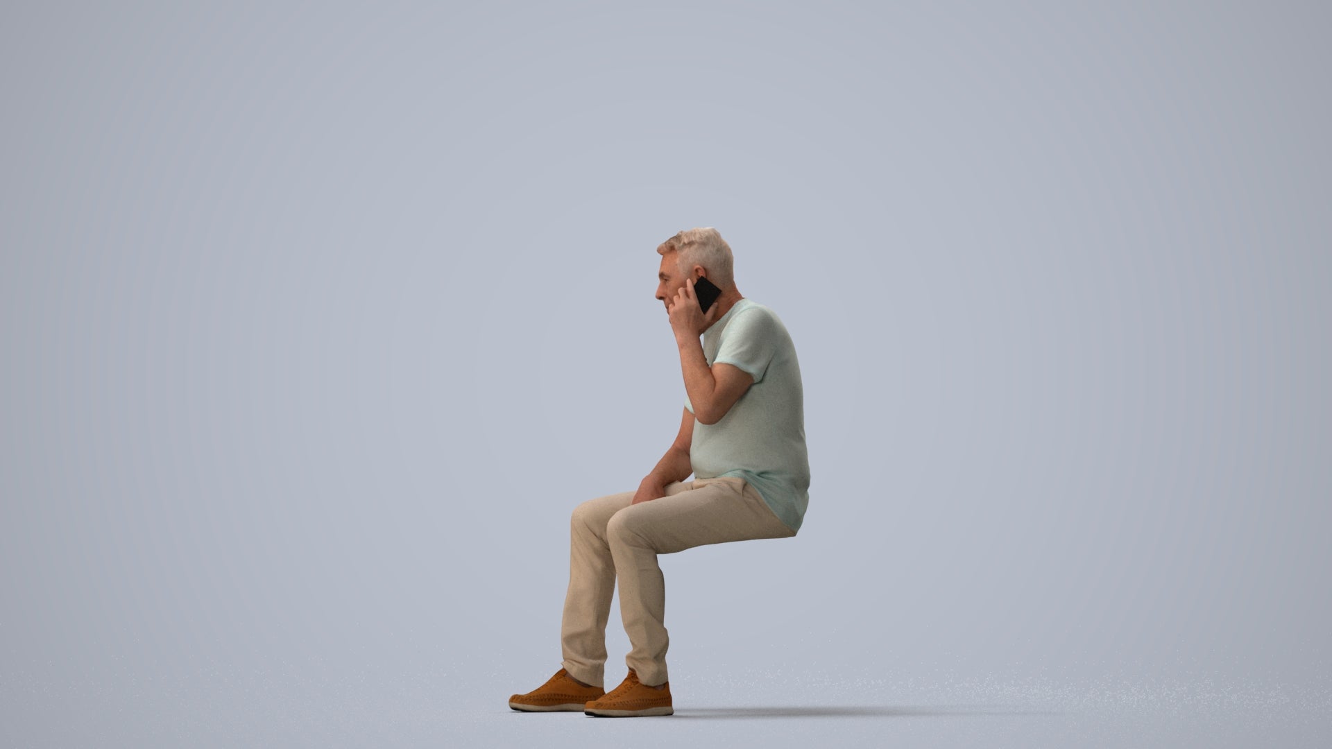 3D scanned senior man sitting casual, photorealistic archviz people for Enscape and SketchUp, three-quarter view render