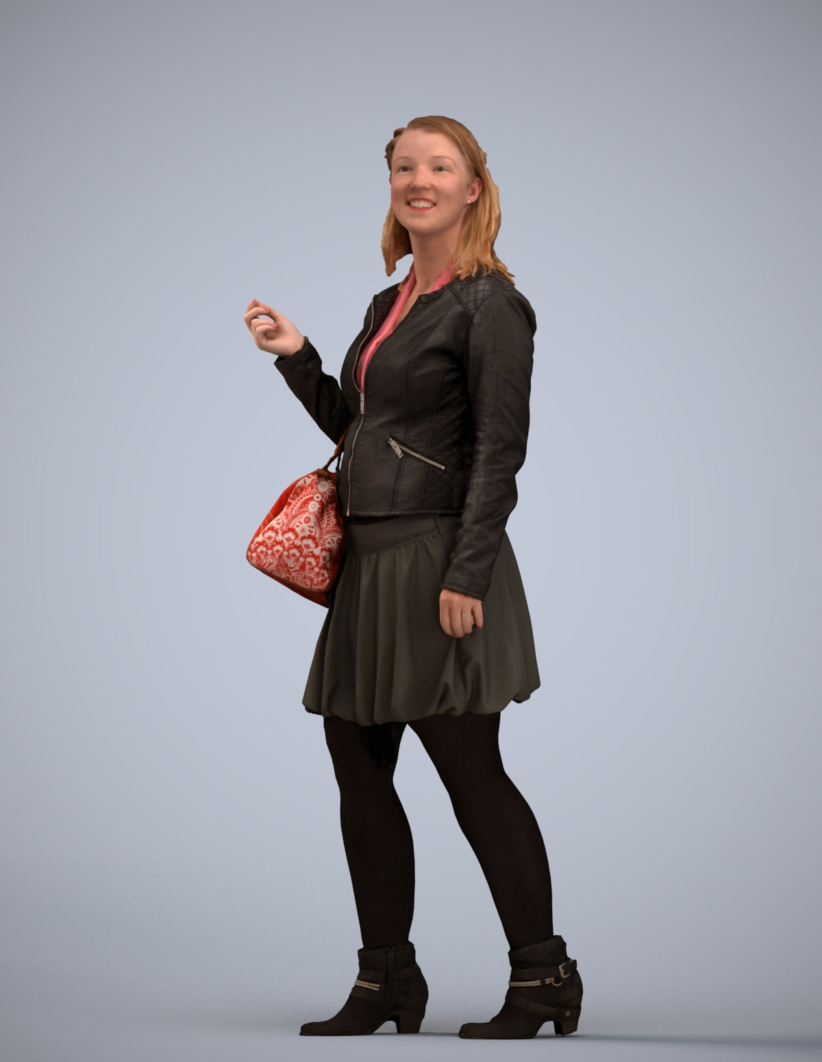 3D human model woman business standing, photogrammetry scanned person for archviz
