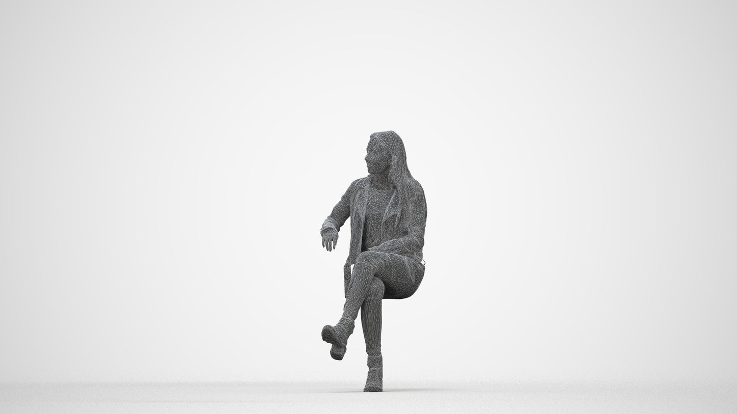 3D scanned woman sitting casual, photorealistic archviz people for Enscape and SketchUp, wireframe back view